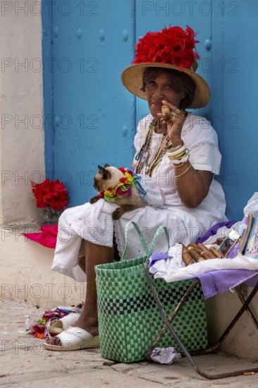 Old Cuban woman smokes a Cuban cigar on the street and posts with her cat for the tourists, La
