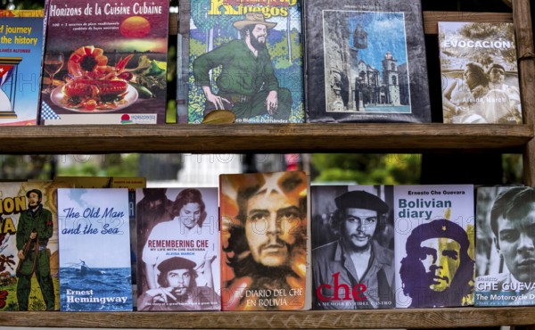 Second-hand bookshop, used books about Ernesto Che Guevara and Fidel Castro at the flea market in