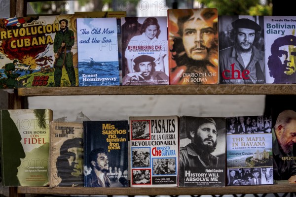 Second-hand bookshop, used books about Ernesto Che Guevara and Fidel Castro at the flea market in