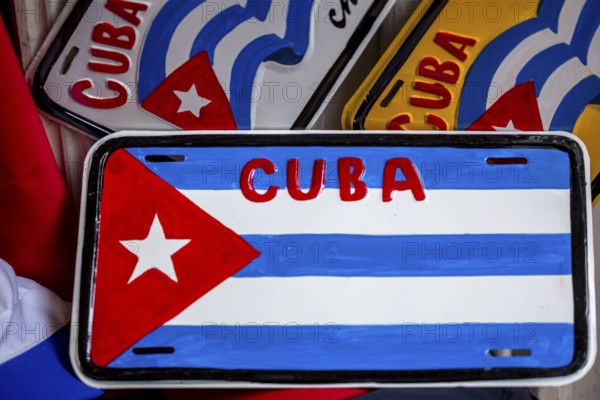 Painted licence plates of the Cuban flag, Cuban flag, La Habana, Cuba, Caribbean, Central America,