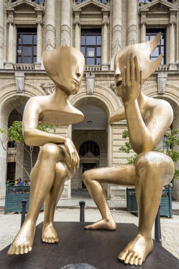 Golden art figures on the Plaza de San Francisco in the old town of Cuba, artist Etienne La