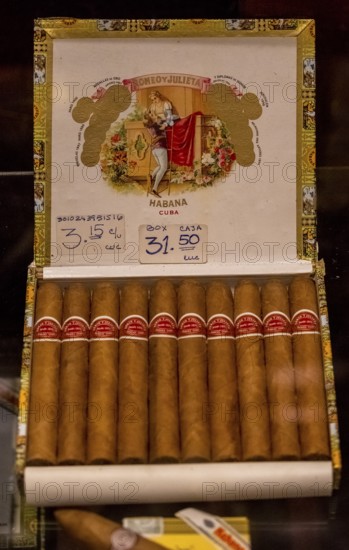 Well-known cigar brand for Cuban cigars Romeo y Julieta in a Cuban cigar shop in the old town of