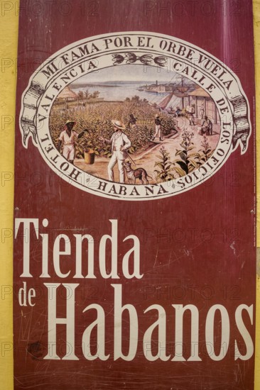 Tobacco poster in front of a Cuban cigar shop, La Habana, Cuba, Caribbean, Central America, Cuba,