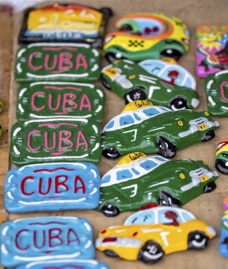 Cuba souvenirs with oldtimers, La Habana, Cuba, Caribbean, Central America, Cuba, Europe, aerial