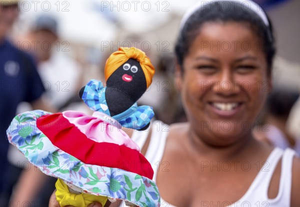 Street vendor with sewn rag doll, La Habana, Cuba, Caribbean, Central America, Cuba, Europe, aerial