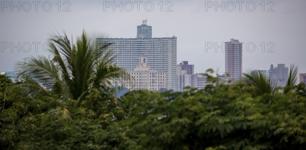 View from the fort to the old town of Havana with the residential skyscrapers, La Habana, Havana,
