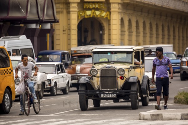 Ford vintage car in street scene, Old American road cruiser on the streets of Havana, Taxi, La
