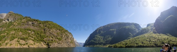 Fjord, Nærøyfjord, rock faces, mountains, blue sky, sunshine, Styvi, Sogn og Fjordane, Norway,