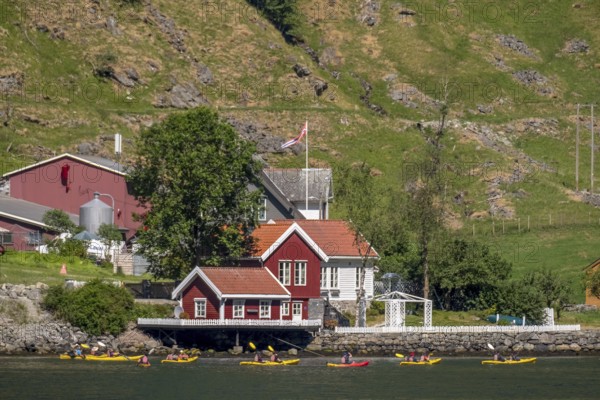 Tourists in yellow kayaks on fjord, river, Gudvangen, stone wall, mountain landscape, red wooden