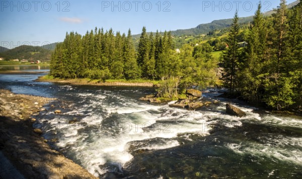 Fjord near the city of Bergen, small island, spruces, rapids, large stones, blue sky, Hordaland,