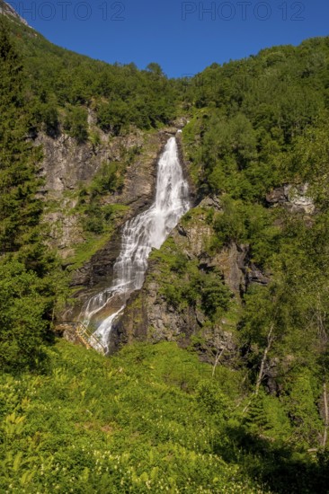 Waterfall near Stahlheim, mountains, baür sky, Skulestadmo, Hordaland, Norway, Scandinavia, Europe,
