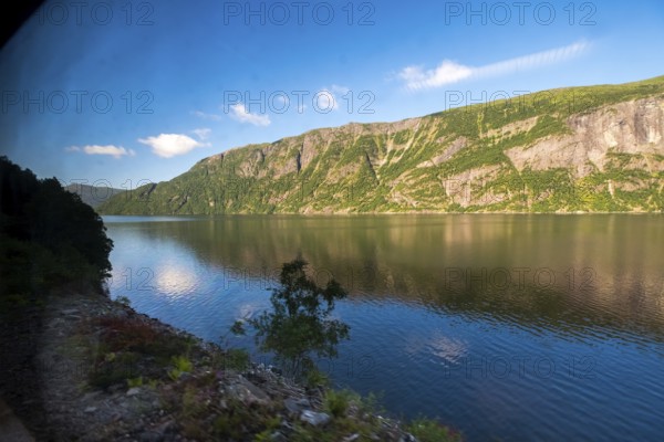 Fjord landscape, rocky forests, blue sky, white clouds, Fyllingsdalen, Hordaland, Norway,