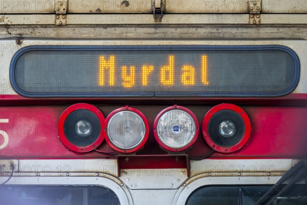 Train at Bergen station, inscription Myrdal, headlights, Hordaland, Norway, Scandinavia, Europe,