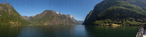 Fjord, Nærøyfjord, rock faces, mountains, blue sky, Styvi, Sogn og Fjordane, Norway, Scandinavia,