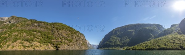 Fjord, Nærøyfjord, rock faces, mountains, blue sky, sunshine, Styvi, Sogn og Fjordane, Norway,