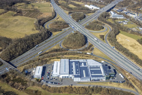 Aerial view, motorway junction Olpe-Süd, motorway A4 and motorway A45, commercial area Gerlingen