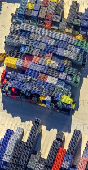 Aerial view, colourful coloured beverage crates of H. Leiter GmbH Leergutlogistik, shapes and