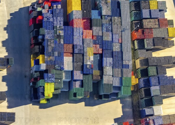 Aerial view, colourful coloured beverage crates of H. Leiter GmbH Leergutlogistik, shapes and