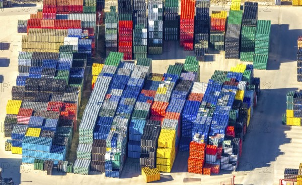 Aerial view, colourful coloured beverage crates of H. Leiter GmbH Leergutlogistik, shapes and