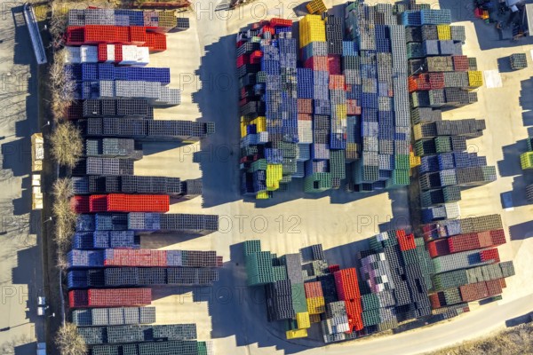Aerial view, colourful coloured beverage crates of H. Leiter GmbH Leergutlogistik, shapes and