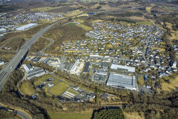 Aerial view, residential area, local view Gerlingen and sewage treatment plant, motorway A4 with