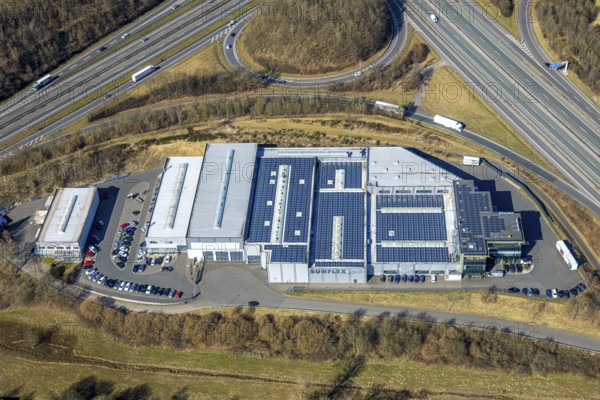 Aerial view, motorway junction Olpe-Süd, motorway A4 and motorway A45, commercial area Gerlingen