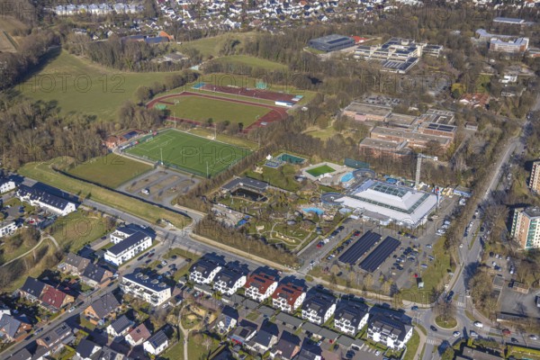 Aerial view, Aqua Spa and Aqua Fun Soest adventure pool, football stadium and athletics stadium Am