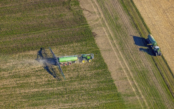 Aerial view, Tractor and agricultural spraying machine on a field, Paradiese, Soest, Soester Börde,