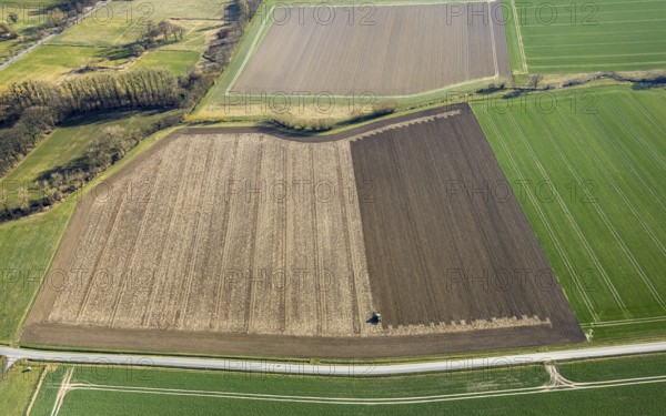 Aerial view, tractor and agricultural work on a field, paradise, Soest, Soester Börde, North