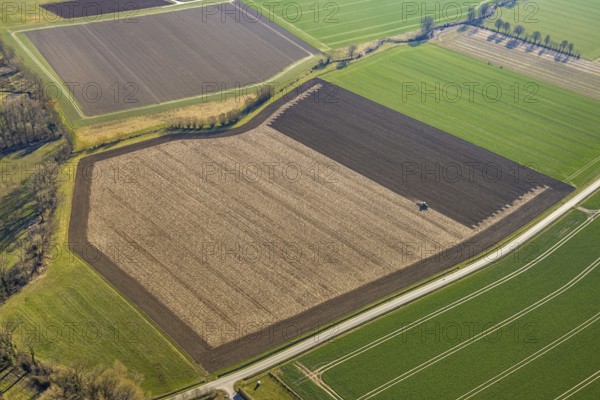 Aerial view, tractor and agricultural work on a field, paradise, Soest, Soester Börde, North