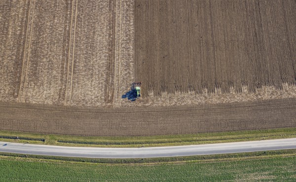 Aerial view, tractor and agricultural work on a field, paradise, Soest, Soester Börde, North