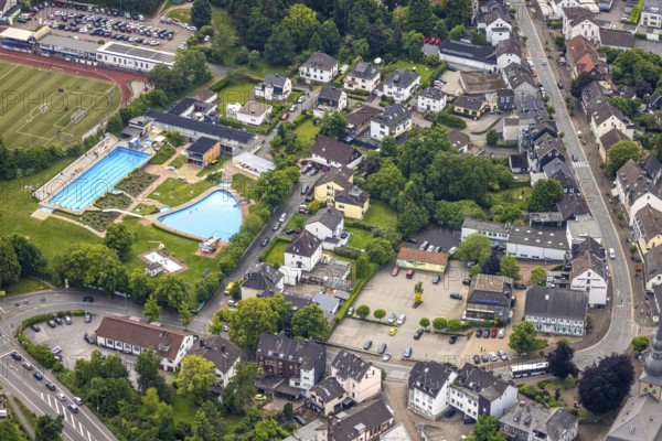 Aerial view, outdoor swimming pool Sprockhövel at Baumhof stadium, on the right Volksbank