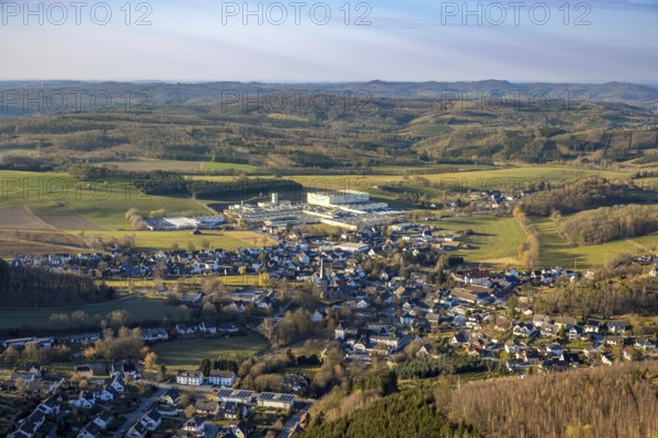 Aerial view, town centre Stockum (Sauerland) with catholic St. Pankratius church,