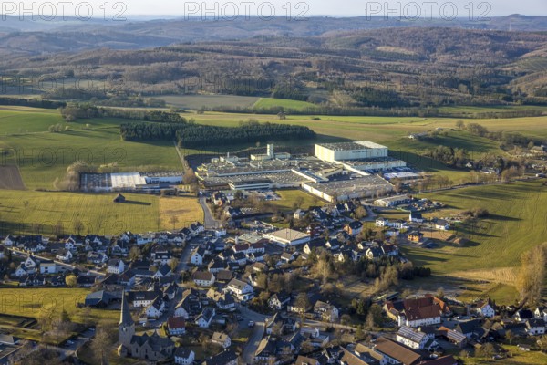 Aerial view, town centre Stockum (Sauerland) with catholic St. Pankratius church,