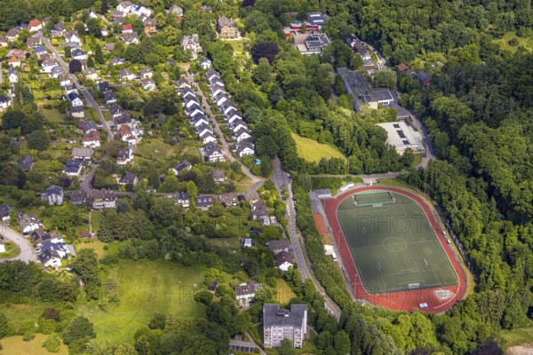 Aerial view, city of Velbert sports facility Nizzatal football stadium and athletics stadium,