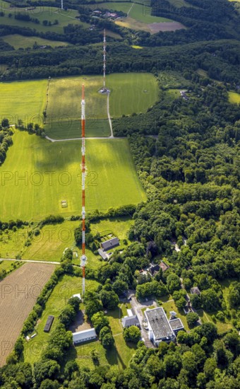 Aerial photo, radio masts Westdeutscher Rundfunk transmitter Langenberg in nature reserve, meadows