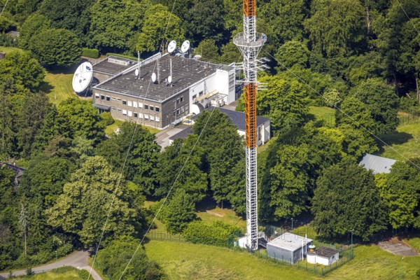 Aerial photo, radio masts Westdeutscher Rundfunk transmitter Langenberg in nature reserve, WDR