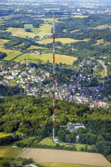 Aerial view, radio masts Westdeutscher Rundfunk transmitter Langenberg in nature reserve, local