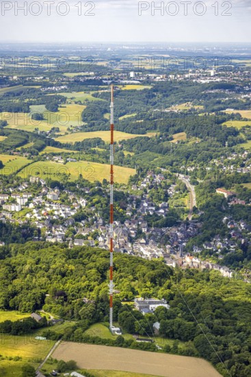Aerial view, radio masts Westdeutscher Rundfunk transmitter Langenberg in nature reserve, local