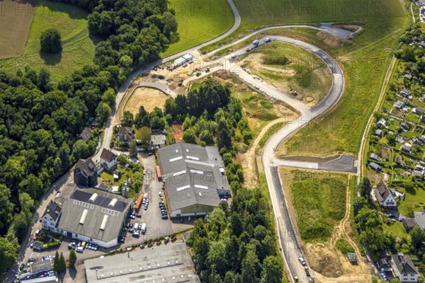 Aerial view, construction site and development of new residential area Fellershof an der