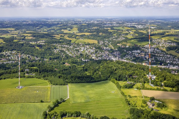 Aerial view, radio masts Westdeutscher Rundfunk transmitter Langenberg in the nature reserve Wiesen