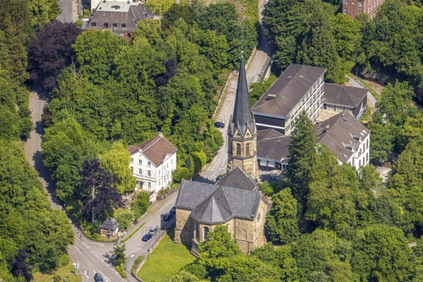Aerial view, EventKirche Langenberg venue, catholic kindergarten and public library, Langenberg,
