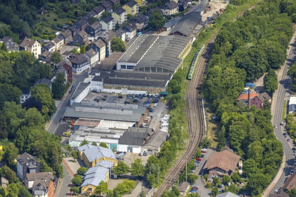Aerial view, commercial area Vosskuhlstraße, Langenberg, railway tracks and suburban railway,