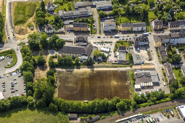 Aerial view, sports field at Bonsfelder Straße, day care centre Die Brücke, Langenberg, Velbert,