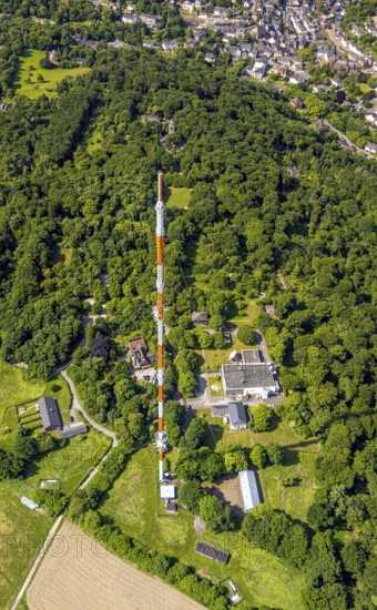 Aerial photo, radio masts Westdeutscher Rundfunk transmitter Langenberg in nature reserve, WDR