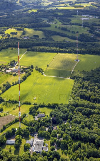 Aerial photo, radio masts Westdeutscher Rundfunk transmitter Langenberg in nature reserve, meadows