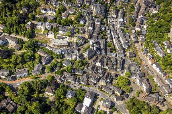 Aerial view, residential area old town with protestant old church Langenberg, below the catholic