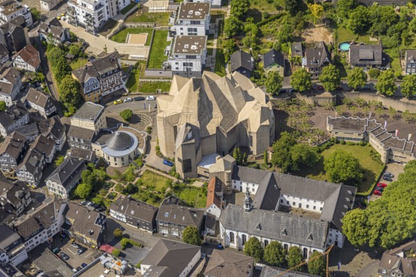 Aerial view, futuristic roof construction of the catholic church Mariendom, Franciscan monastery