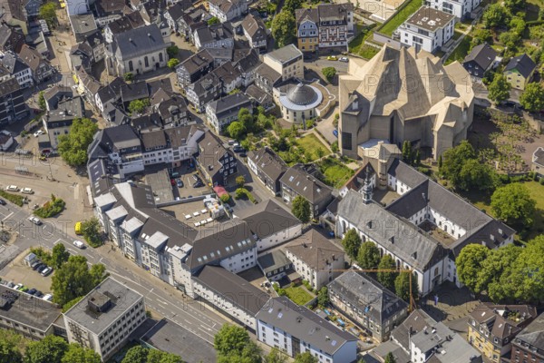 Aerial view, futuristic roof construction of the catholic church Mariendom, Franciscan monastery