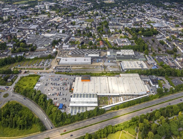 Aerial view, OBI Markt Velbert DIY store and commercial area Güterstraße, Velbert, Ruhr area, North